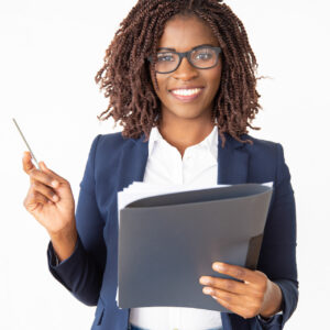 Happy confident business coach wearing glasses