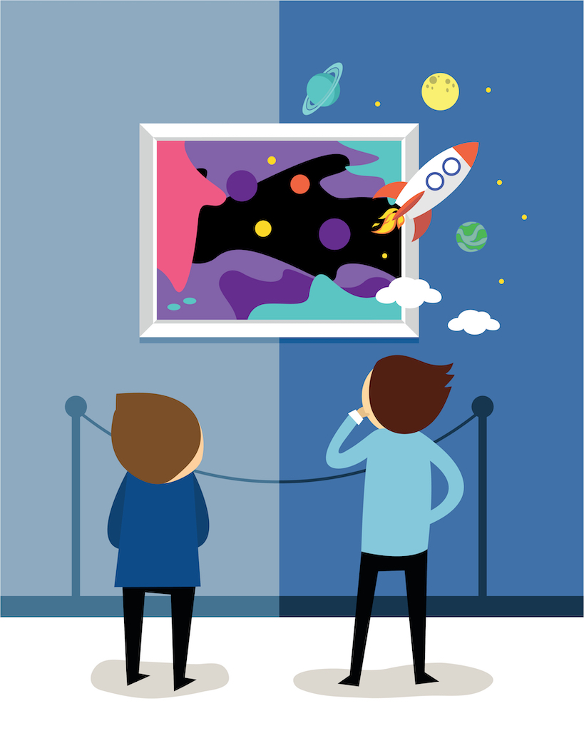 Two kids at a museum. Rocket ship is bursting out of the frame.