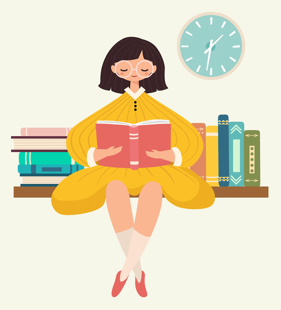 Cartoon of young woman Sitting on a bookshelf with clock above her.
