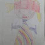 Self Portrait: Drawing of a girl with the pink headband and rainbow colored dress. Blonde hair.