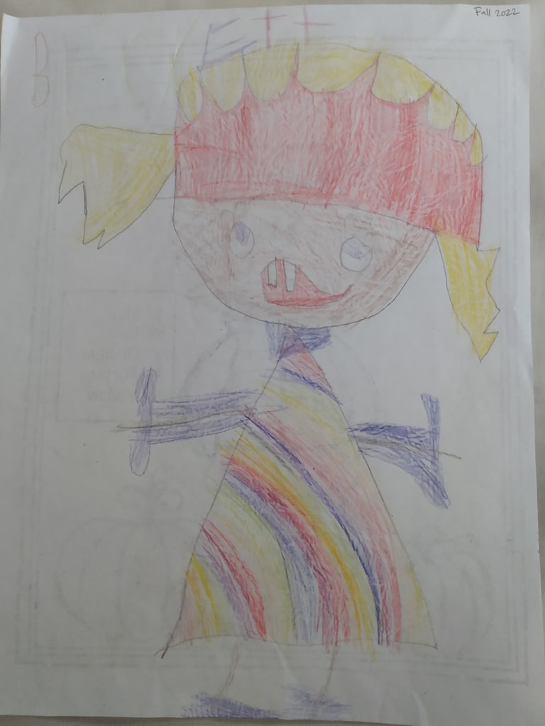 Self Portrait: Drawing of a girl with the pink headband and rainbow colored dress. Blonde hair.