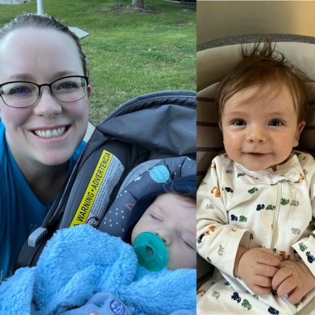 Katy Meeks and Baby Luke. Katy with hair pulled back and glasses, smiles next to her baby Luke snuggled in a blue fuzzy blanket in a car seat. To the side of the image is a picture of baby Luke in a cream colored onesie with blue and yellow and green transportation vehicles dotting it.