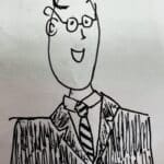 Pen Drawing of Scott Horton. Glasses, line of hair around his head, suit and tie.